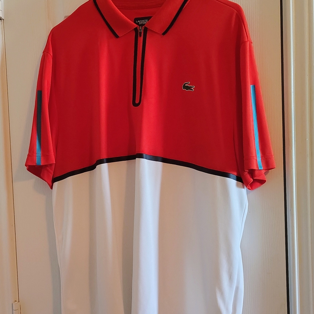Lacoste Men's 2XL Qtr Zip Front Polo Shirt in Red and White